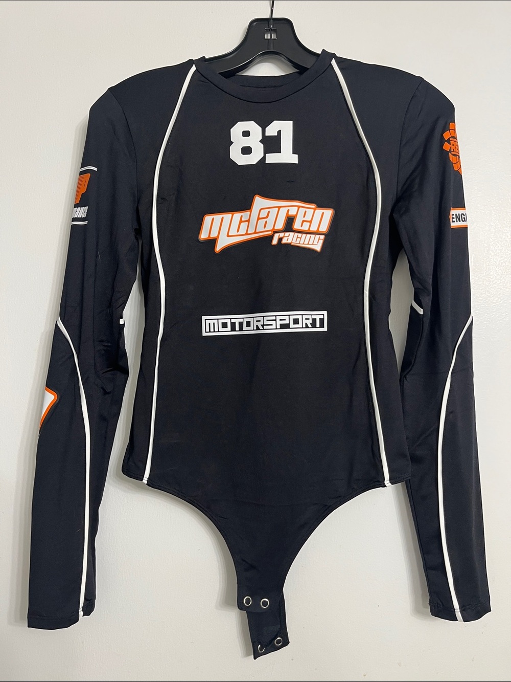 Reiss Black & White Long-Sleeve Motorsport Swim Bodysuit with Orange Logos
